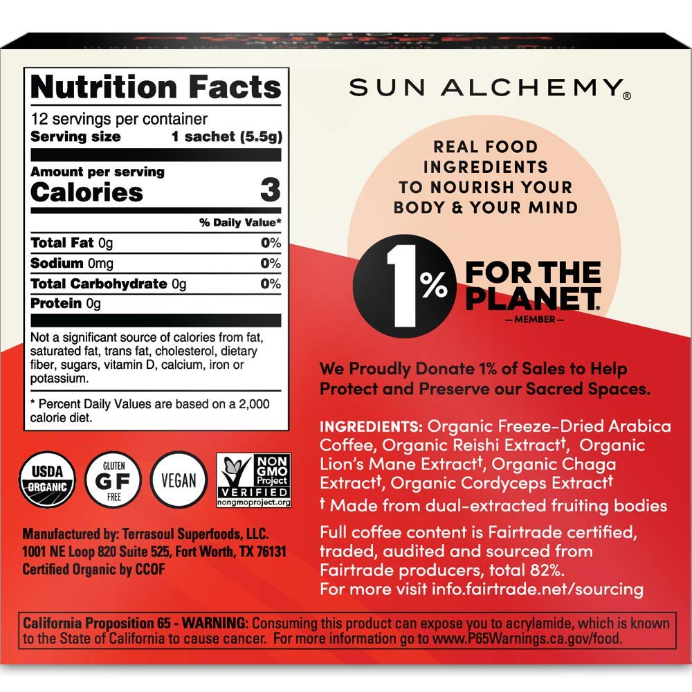 Terrasoul Sun Alchemy Mushroom Powder Bag emphasizes dual-extracted blend for focus support