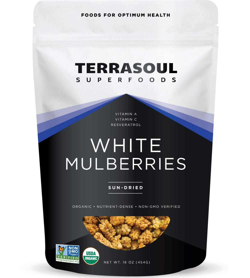 Terrasoul sun-dried white mulberries packaging highlights organic quality and no added sugar.