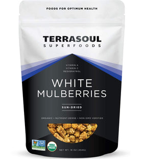 Terrasoul sun-dried white mulberries packaging highlights organic quality and no added sugar.