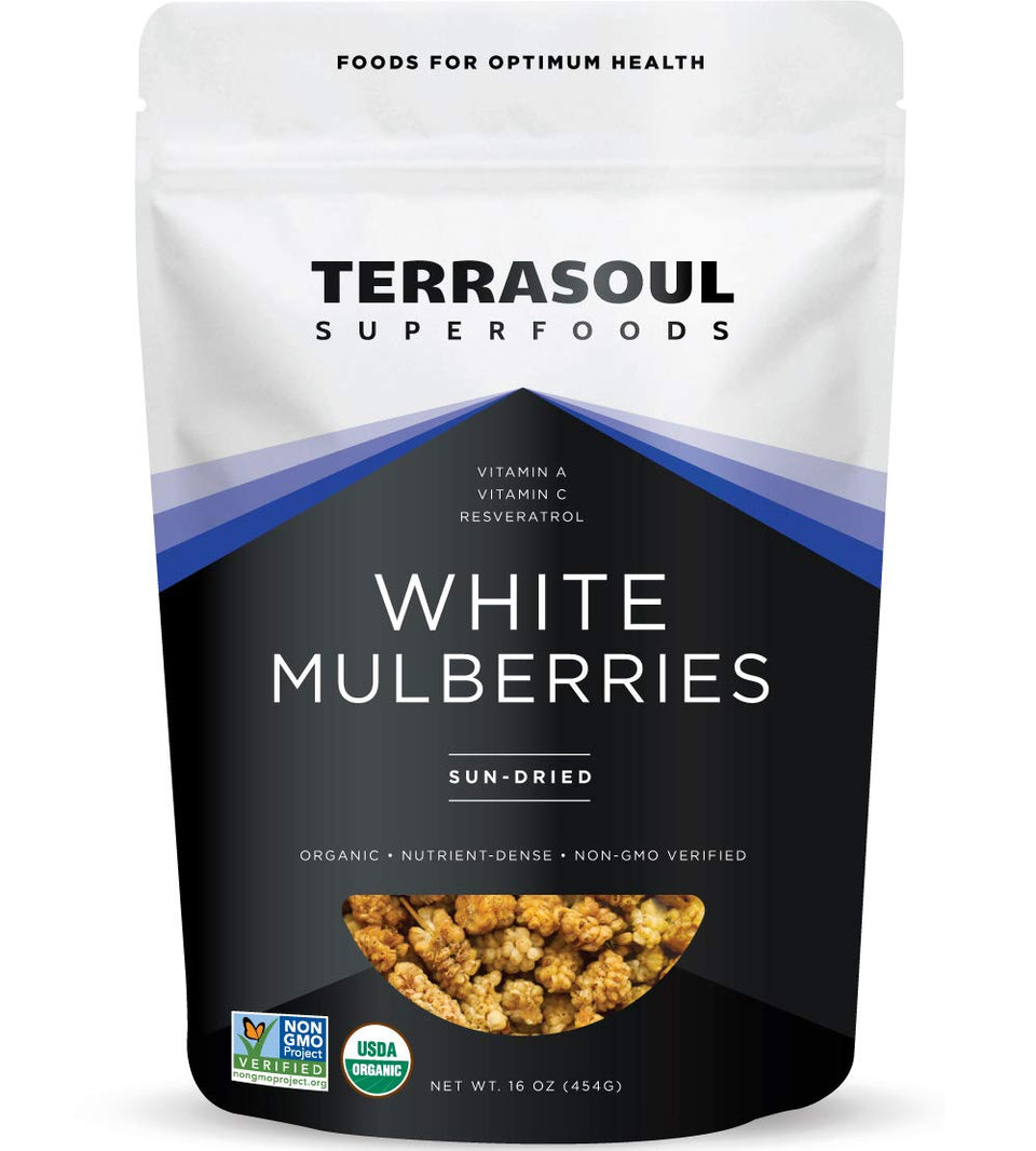 Terrasoul sun-dried white mulberries packaging highlights organic quality and no added sugar.