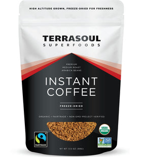 Terrasoul Superfoods freeze-dried instant coffee front packaging highlighting convenience for busy mornings
