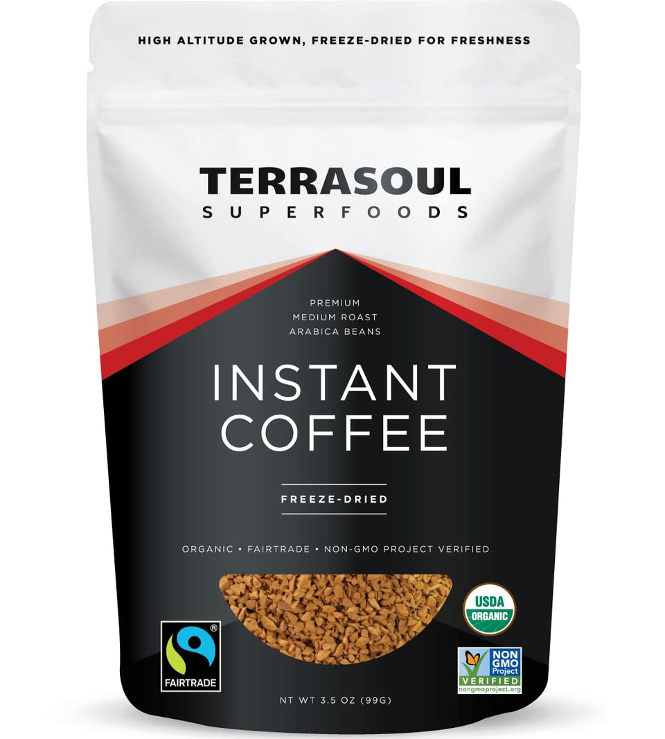Terrasoul Superfoods freeze-dried instant coffee front packaging highlighting convenience for busy mornings