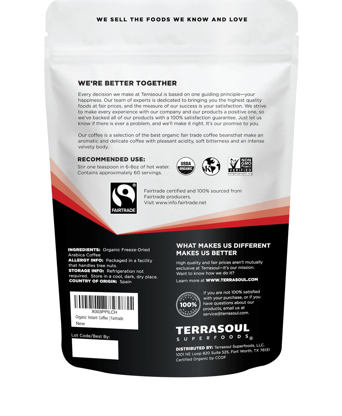 Terrasoul Superfoods organic label on packaging emphasizing purity and convenience