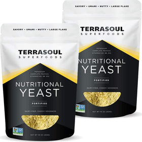 Terrasoul Superfoods Nutritional Yeast Flakes 2 lb pack in resealable pouches for easy vegan seasoning.