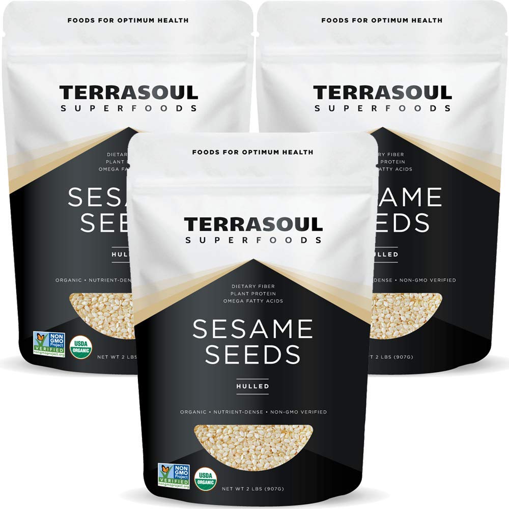 Terrasoul Superfoods hulled sesame seeds close-up highlighting rich nutty aroma for tahini