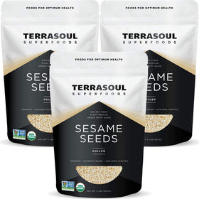 Terrasoul Superfoods hulled sesame seeds close-up highlighting rich nutty aroma for tahini