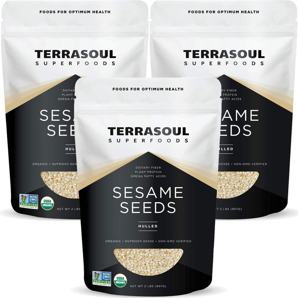 Terrasoul Superfoods hulled sesame seeds close-up highlighting rich nutty aroma for tahini