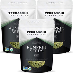 Terrasoul Superfoods organic pumpkin seeds bag front label, unsalted and raw for healthy snacking.