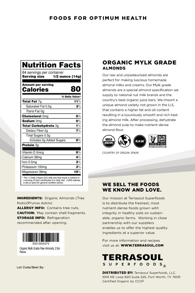 Terrasoul almonds mylk-grade close-up highlights quality texture for homemade milks.