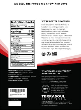 Terrasoul Tapioca Flour bag reseal tab keeps flour fresh between batches for keto-friendly desserts.