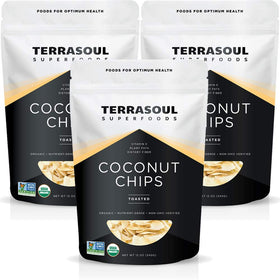 Terrasoul Superfoods toasted coconut chips 3-pack packaging; unsweetened snack option.