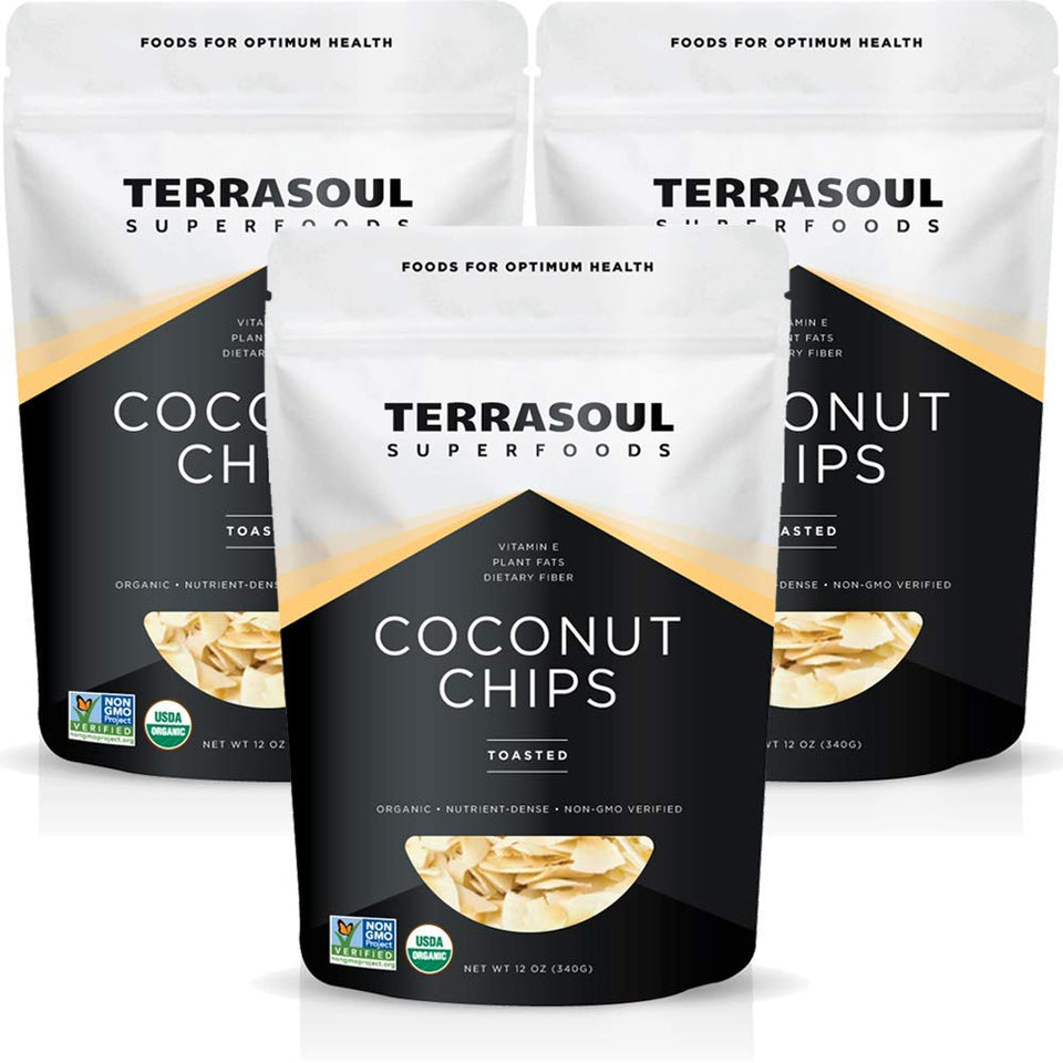 Terrasoul Superfoods toasted coconut chips 3-pack packaging; unsweetened snack option.