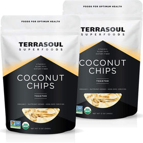 Terrasoul toasted coconut chips pack front: organic, unsweetened, versatile snack.