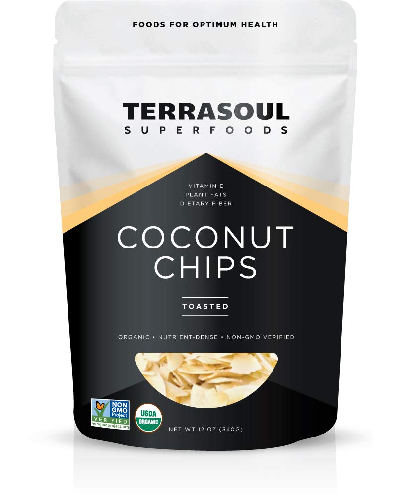 Terrasoul toasted coconut chips in a 12 oz pouch for simple, unsweetened snacking.
