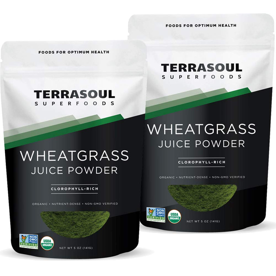 Terrasoul Wheat Grass Juice Powder bottle with bright greens for daily greens boost.