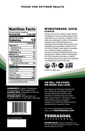 Terrasoul Wheat Grass Juice Powder jar label highlighting organic quality