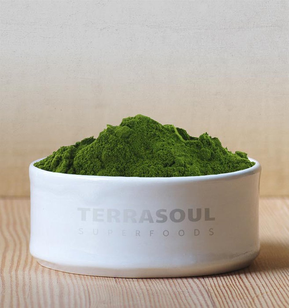 Terrasoul Wheat Grass Juice Powder package open with convenient scoop