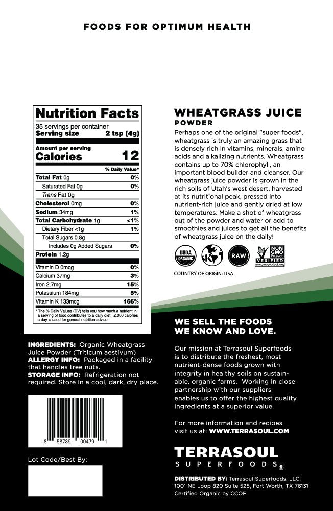 Terrasoul Wheat Grass Juice Powder 10 oz packaging in a two-pack for convenient weekly use.