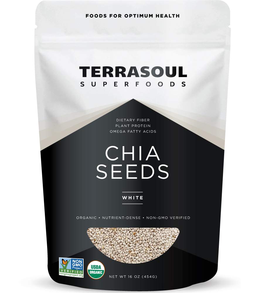 Terrasoul white chia seeds 16oz pack, high in fiber and omega fats.