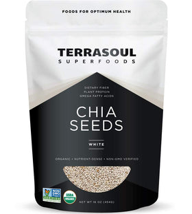 Terrasoul white chia seeds 16oz pack, high in fiber and omega fats.