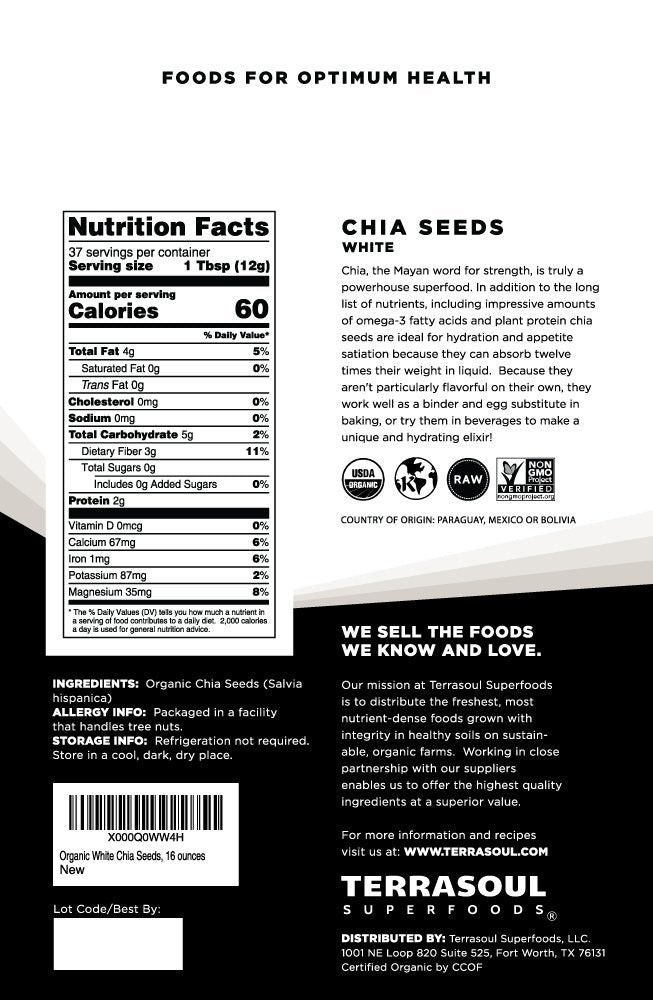 Terrasoul white chia seeds closeup grains showing tiny ivory seeds.