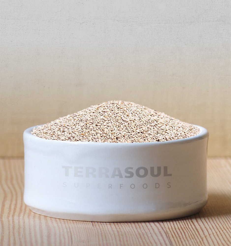 Terrasoul White Chia Seeds in a bowl, ready for smoothie or yogurt topping.