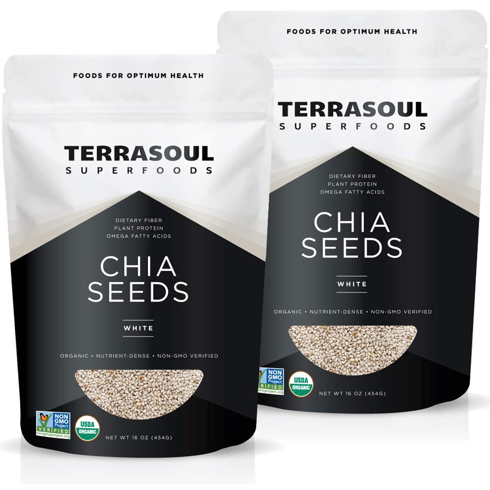 Terrasoul White Chia Seeds packaging for two-pack convenience and organic certification.