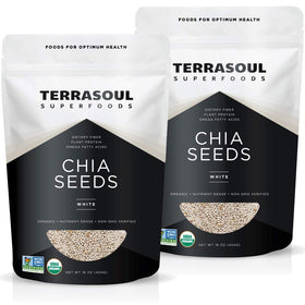 Terrasoul White Chia Seeds packaging for two-pack convenience and organic certification.