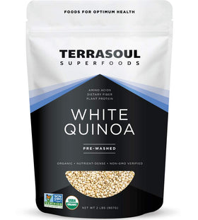 Terrasoul White Quinoa 2lb package, organic and pre-washed for quick prep.