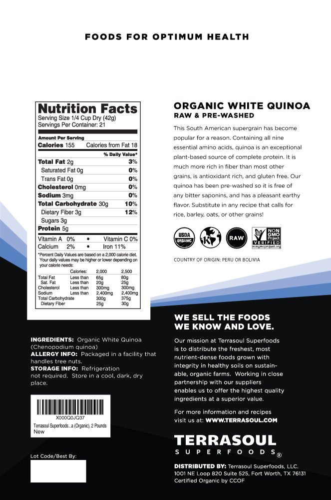 Terrasoul Organic White Quinoa dry grain close-up highlighting clean, versatile raw ingredient.