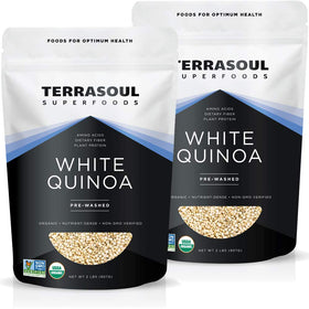 Terrasoul Organic White Quinoa two-pack bulk packaging keeps freshness with resealable bags.