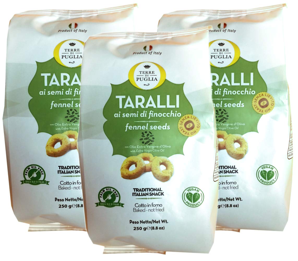 Terre Di Puglia baked taralli with fennel seeds, a crisp Italian snack ideal with cheese