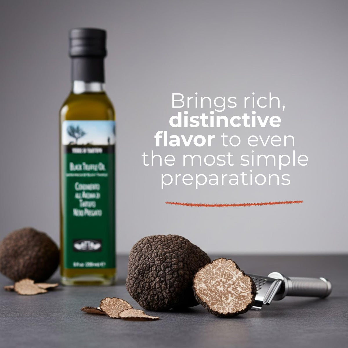 Terre di Tartufo Black Truffle Oil drizzle close-up, ideal for finishing risotto and roasted veg