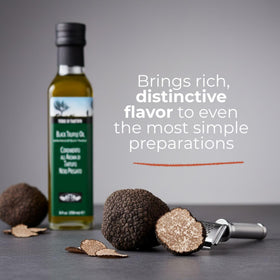 Terre di Tartufo Black Truffle Oil drizzle close-up, ideal for finishing risotto and roasted veg