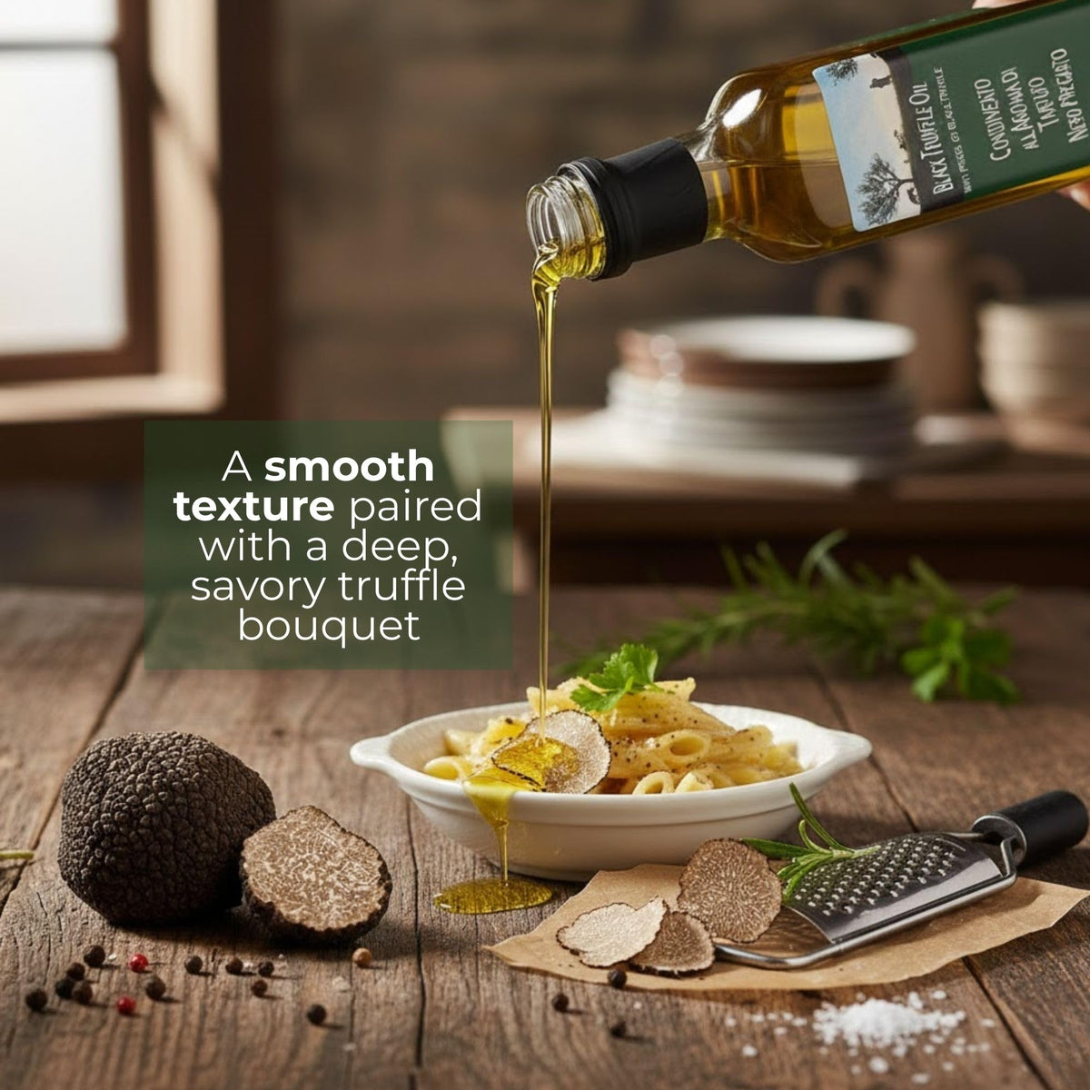 Terre di Tartufo Oil ingredients close-up, real black truffle adds depth and aroma
