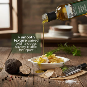 Terre di Tartufo Oil ingredients close-up, real black truffle adds depth and aroma