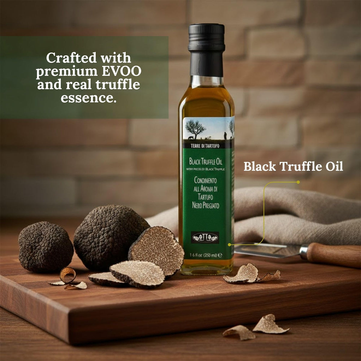 Terre di Tartufo Black Truffle Oil in Italian kitchen, evokes artisanal flavor and authentic cooking