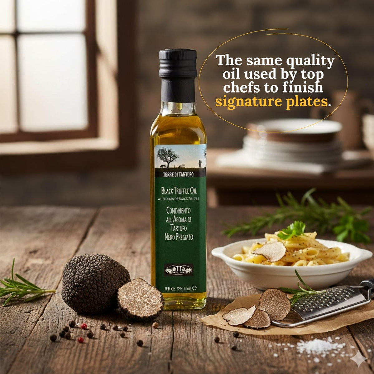 Terre di Tartufo Black Truffle Oil over risotto, enhances creaminess and restaurant-style finish