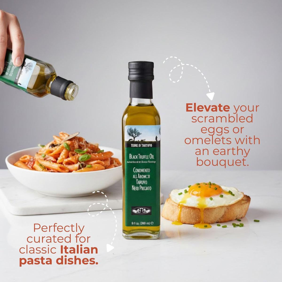 Terre di Tartufo Black Truffle Oil with roasted vegetables, adds savory aroma and sophistication