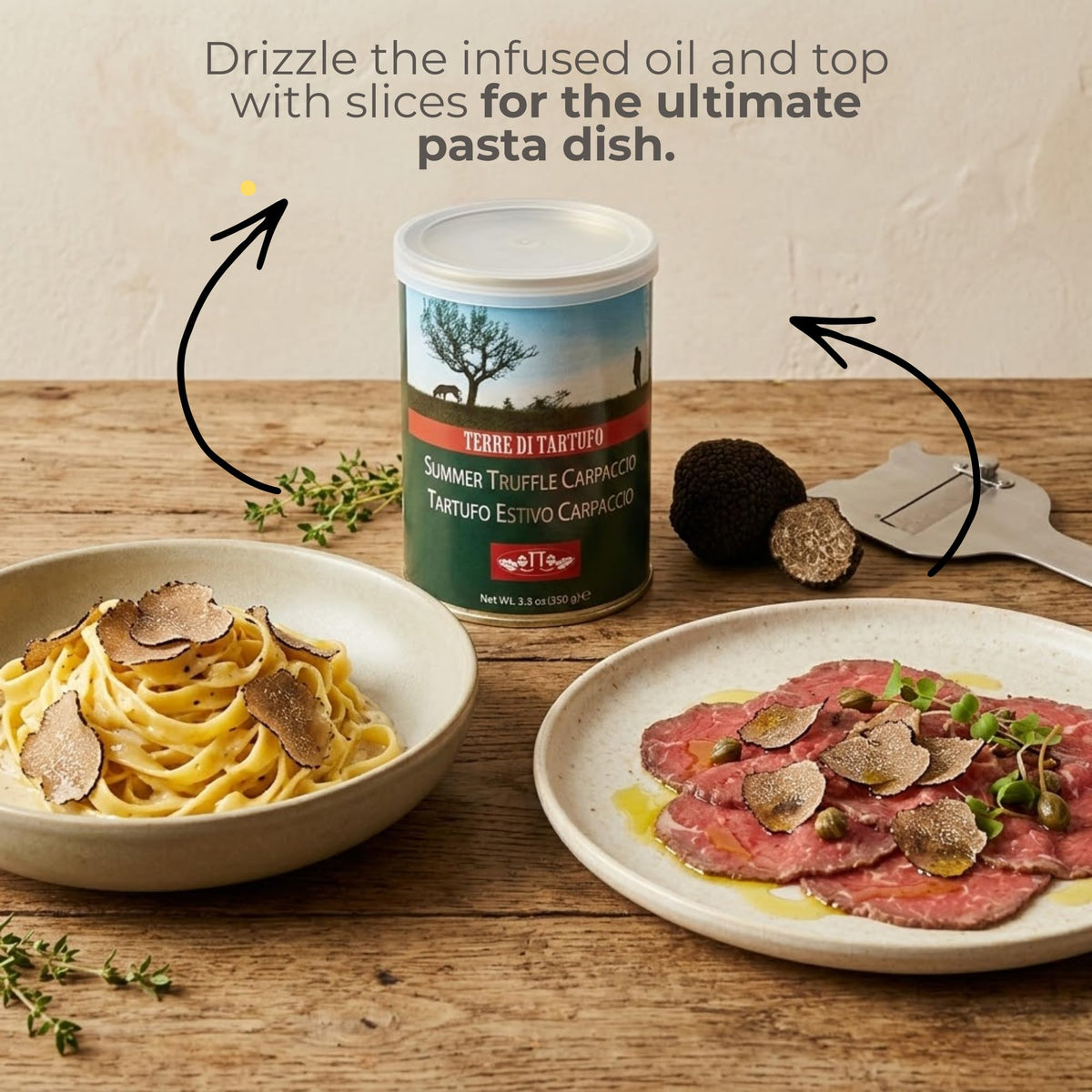 Terre di Tartufo slices on pasta highlight authentic Italian flavor.