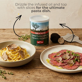 Terre di Tartufo slices on pasta highlight authentic Italian flavor.