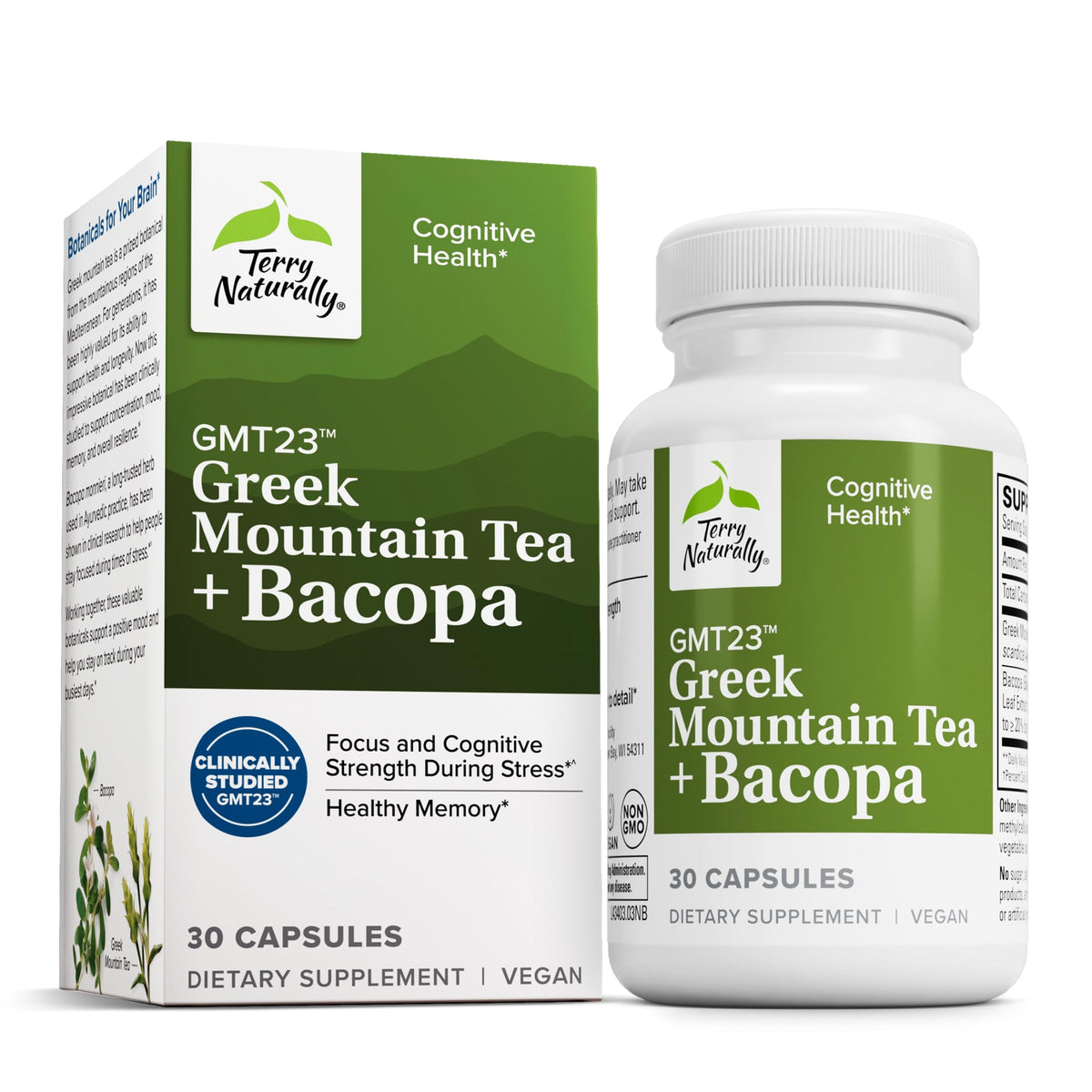 Terry Naturally GMT23 capsules close-up for focus support and antioxidant benefits.