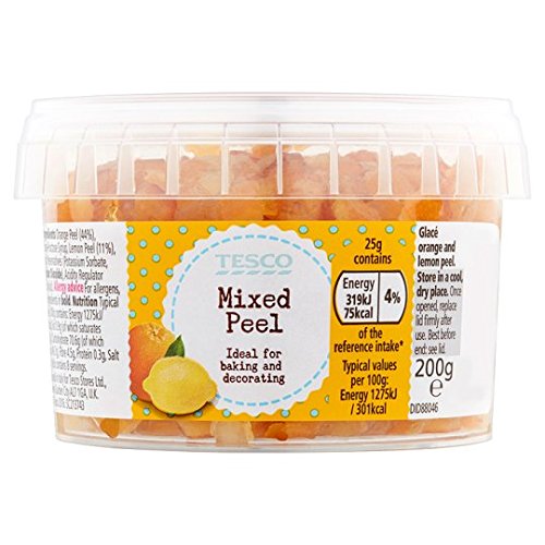 Tesco Italian Mixed Peel 200g shows vibrant citrus zest for baking and flavoring.