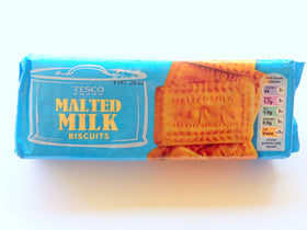 Tesco Malted Milk Biscuits 200g pack of six, ideal for dunking with tea.