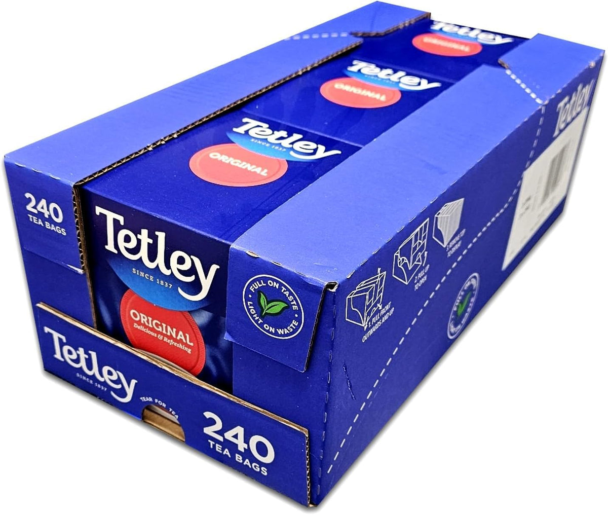 Tetley 3pk 240ct box, convenient bulk for households.