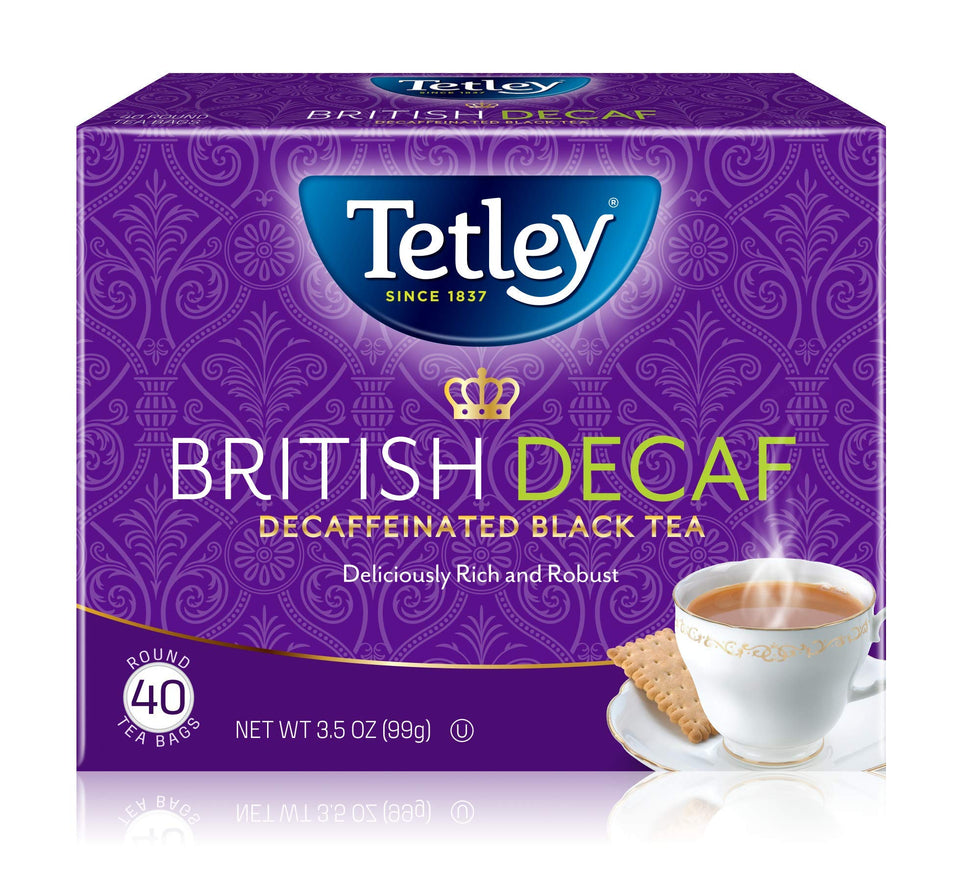 Tetley British Blend Premium Decaf Tea bags for a smooth caffeine-free brew.