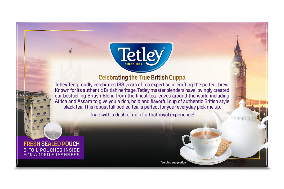 Tetley British Blend tea bags shown for hot brew or iced tea preparations