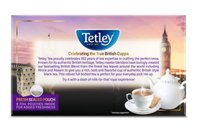Tetley British Blend tea bags shown for hot brew or iced tea preparations