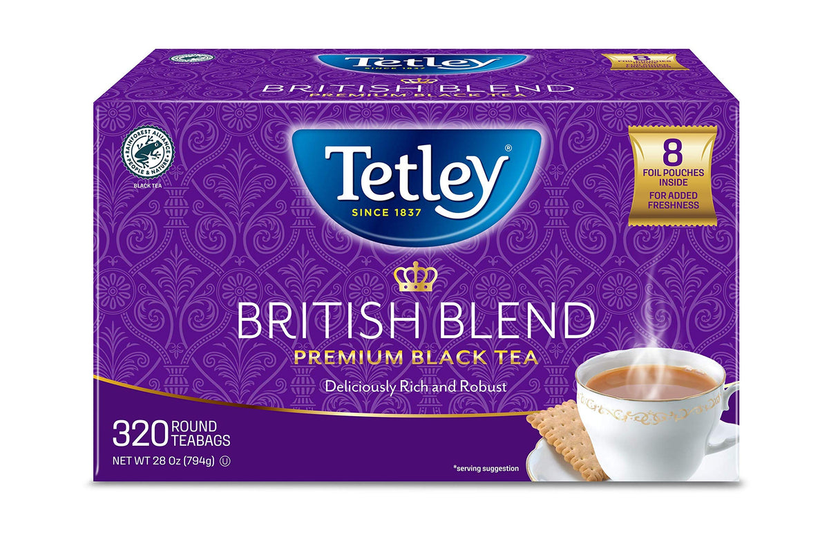 Tetley British Blend tea bags in packaging offering robust flavor for hot or iced tea