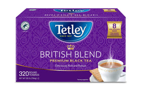 Tetley British Blend tea bags in packaging offering robust flavor for hot or iced tea